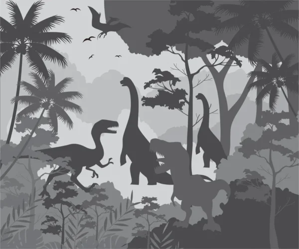 Papel de Parede Silhuetas de Dinossauros com Vegetação Exuberante