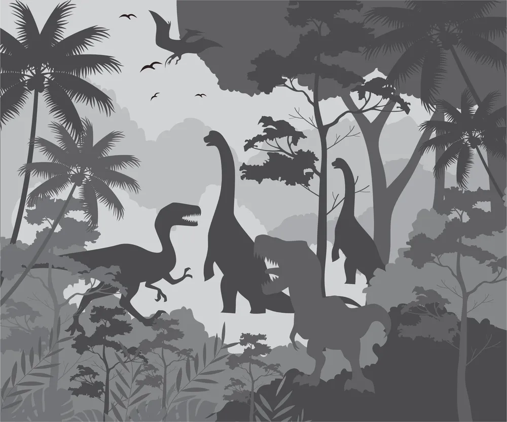 Papel de Parede Silhuetas de Dinossauros com Vegetação Exuberante