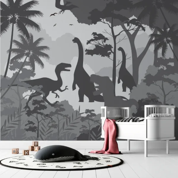 Papel de Parede Silhuetas de Dinossauros com Vegetação Exuberante