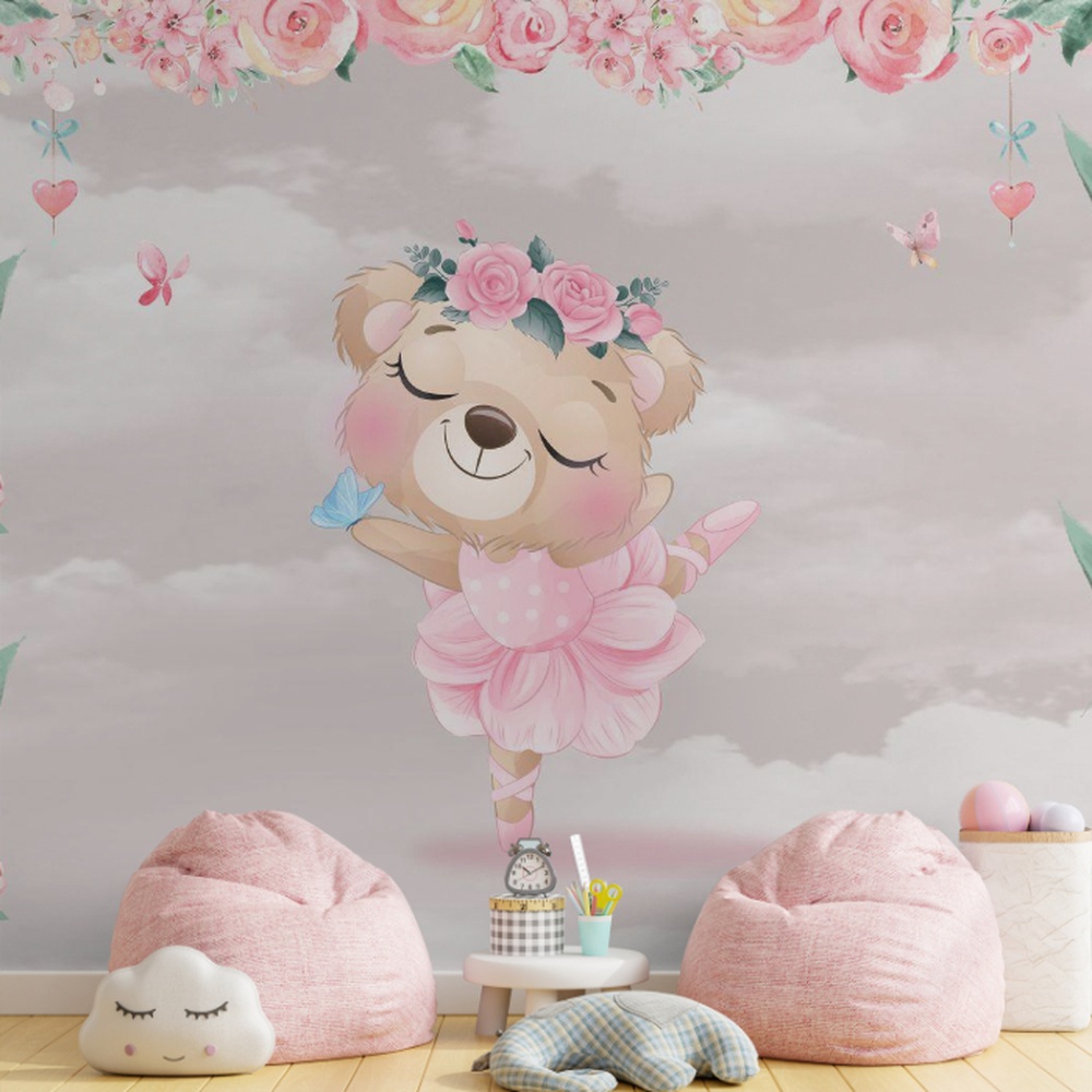 Design encantador de uma ursinha bailarina sorridente, ideal para decoração de quarto infantil.