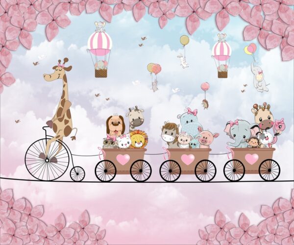 Papel de parede infantil com elefante, leão, hipopótamo e outros animais viajando em um trem suspenso no céu.