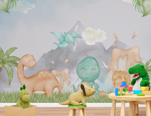 Decoração infantil com tema Mundo dos Dinossauros, incluindo dinossauros coloridos e elementos pré-históricos, ideal para transformar o ambiente de forma lúdica e criativa.
