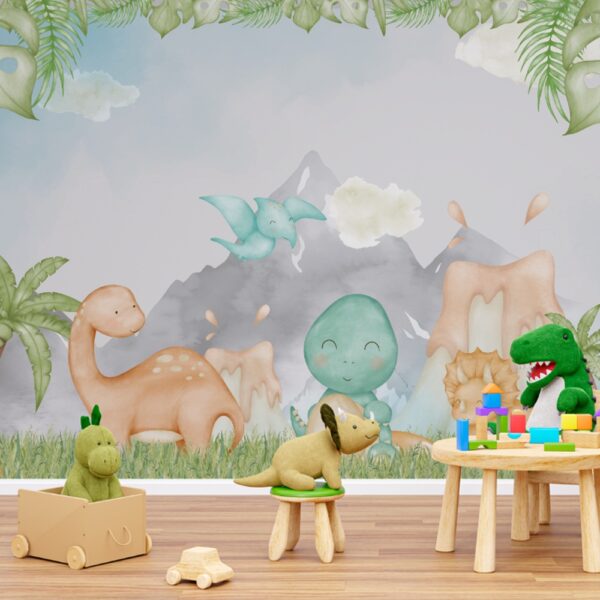 Decoração infantil com tema Mundo dos Dinossauros, incluindo dinossauros coloridos e elementos pré-históricos, ideal para transformar o ambiente de forma lúdica e criativa.
