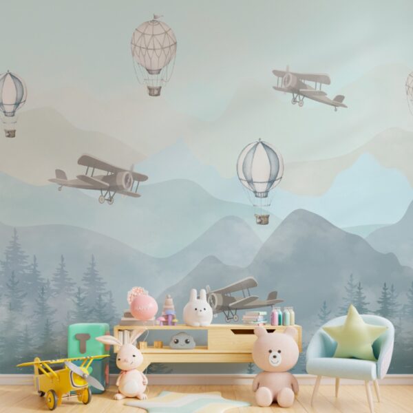 Papel de parede infantil com tema de aviação vintage e balões no céu.