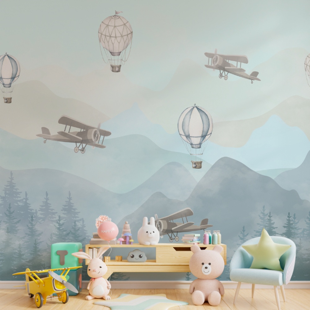 Papel de parede infantil com tema de aviação vintage e balões no céu.
