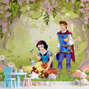 Cena mágica na floresta com uma princesa interagindo com animais e flores.