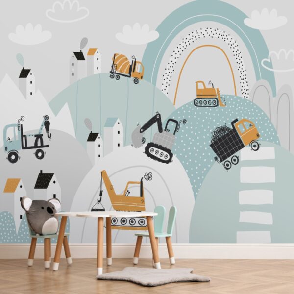 Papel de parede infantil com caminhões de construção, guindastes e escavadeiras em tons suaves.