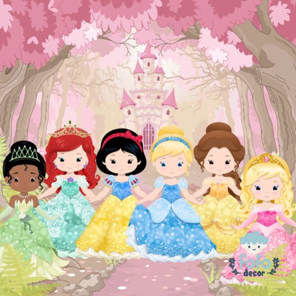 Cena encantadora de seis princesas em vestidos coloridos diante de um castelo.