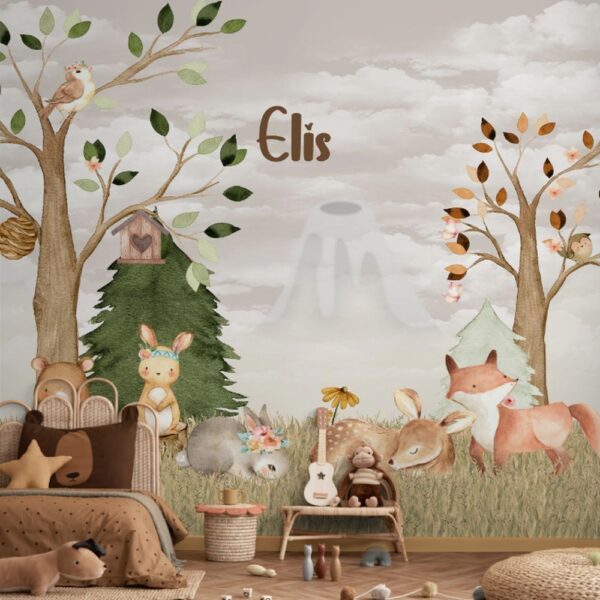 Arte digital para decoração infantil com animais fofos em meio à natureza, tons suaves e acabamento aquarelado.