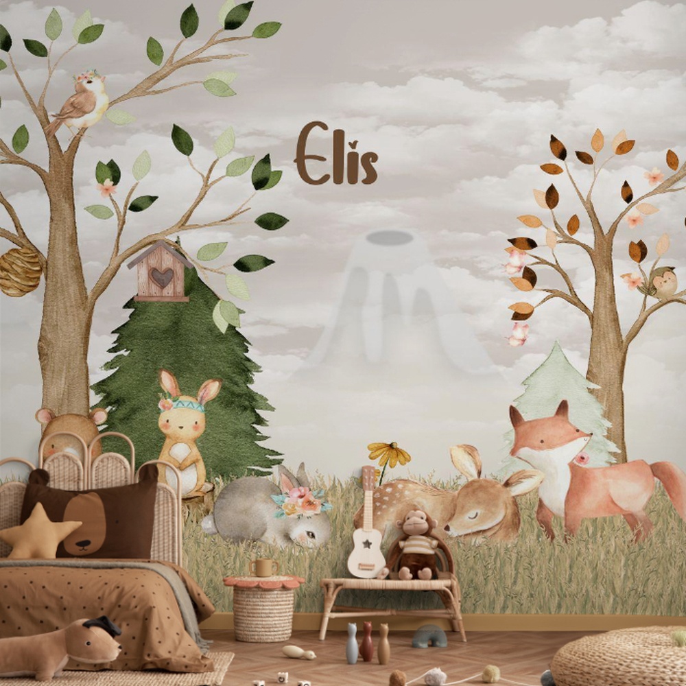 Arte digital para decoração infantil com animais fofos em meio à natureza, tons suaves e acabamento aquarelado.