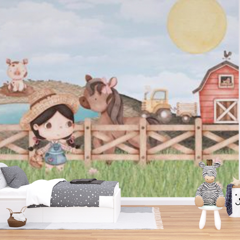 Papel de parede temático com bichinhos da fazenda como vaquinha, porquinho e cavalo.
