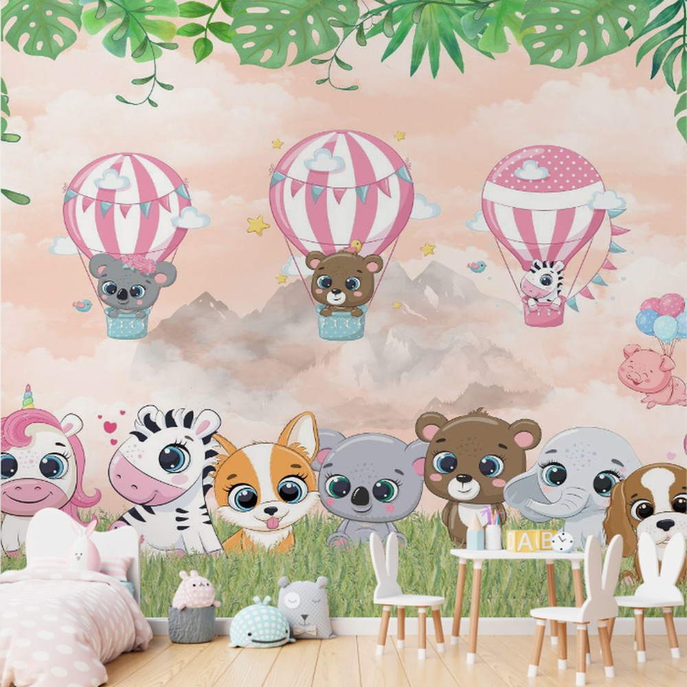 Painel infantil com animais fofos em balões de ar quente sobre um cenário de montanhas e céu cor-de-rosa.