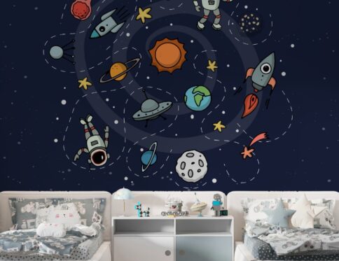 Decoração infantil inspirada no espaço, com foguetes, planetas e estrelas, criando uma verdadeira aventura no espaço.