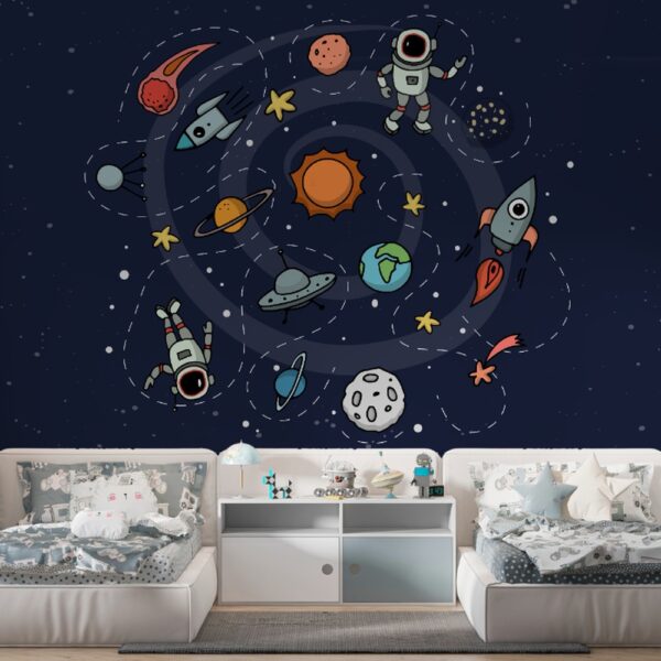 Decoração infantil inspirada no espaço, com foguetes, planetas e estrelas, criando uma verdadeira aventura no espaço.