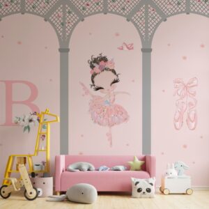 Ilustração delicada de uma bailarina infantil vestida de rosa, cercada por flores e sapatilhas de balé.