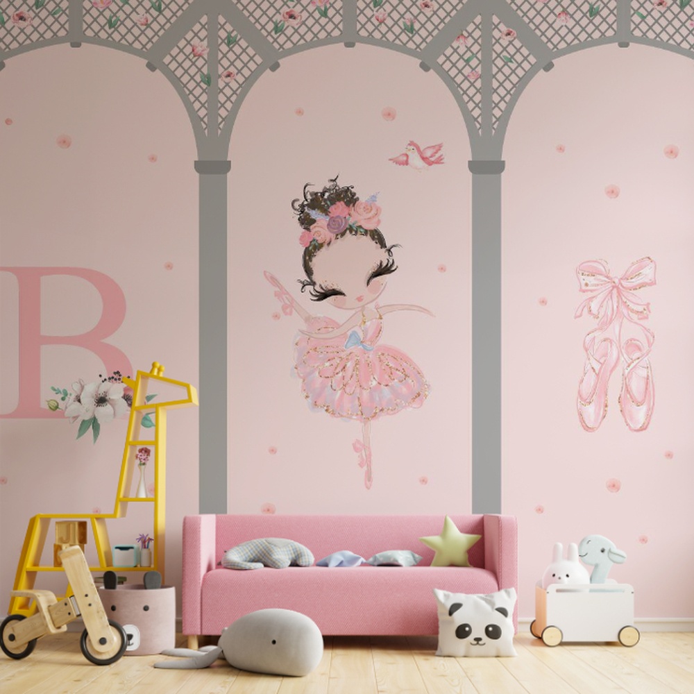Ilustração delicada de uma bailarina infantil vestida de rosa, cercada por flores e sapatilhas de balé.