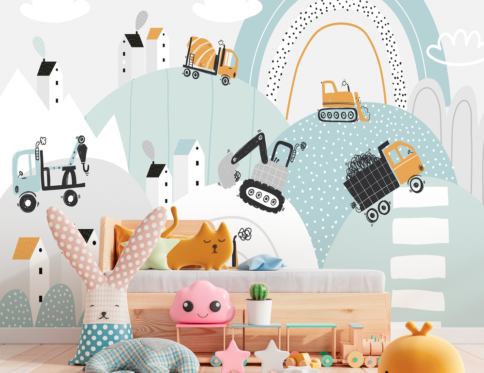 Ilustração de caminhões e máquinas de construção em um papel de parede infantil, criando um ambiente divertido e interativo.