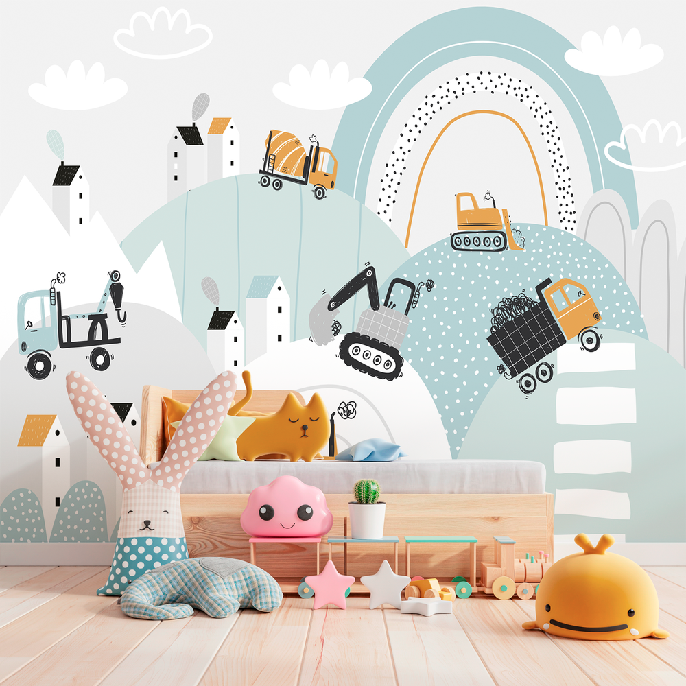 Ilustração de caminhões e máquinas de construção em um papel de parede infantil, criando um ambiente divertido e interativo.