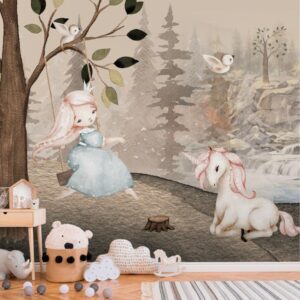 Ilustração aconchegante de uma menina e um unicórnio em um bosque encantado.