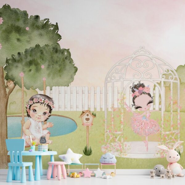Painel decorativo lúdico para quartos infantis, combinando natureza, suavidade e um toque de encanto com uma pequena bailarina.