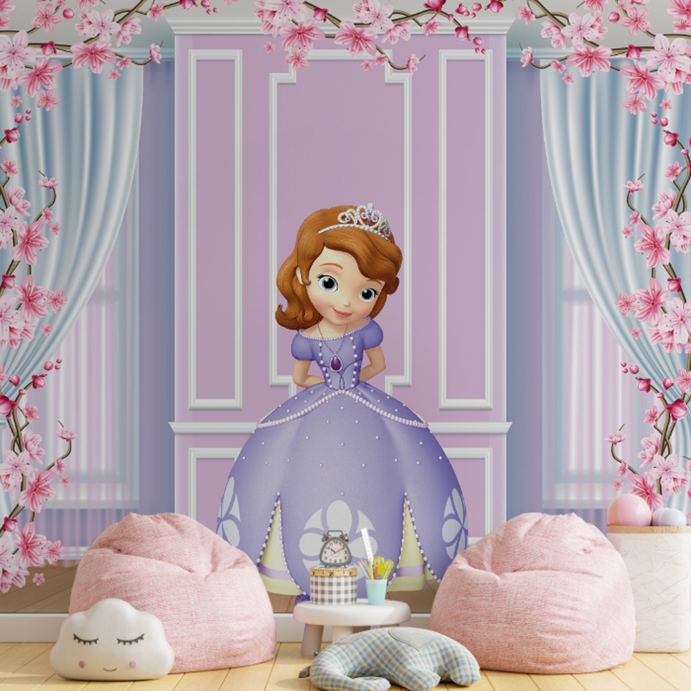 Cena delicada de uma princesa com vestido lilás em um ambiente elegante e floral.