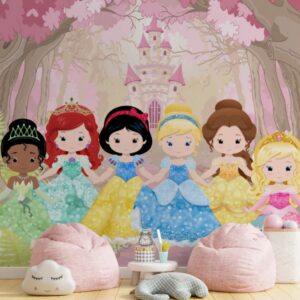 Papel de parede infantil com princesas em estilo chibi em um cenário mágico.