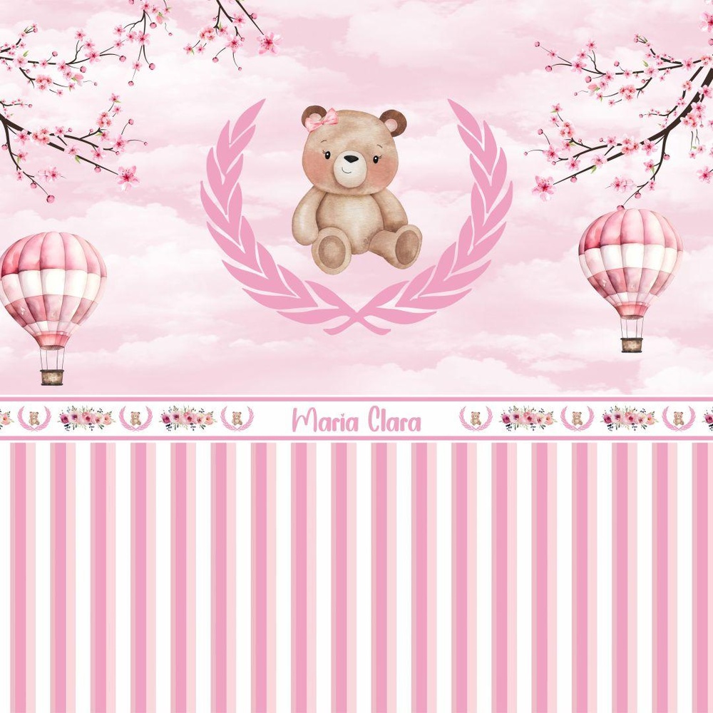 Papel de parede temático com ursinha aquarelada, laurel rosa e fundo listrado.