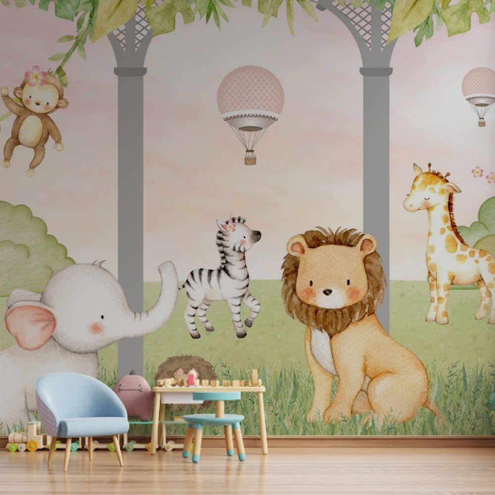 Painel decorativo lúdico para quartos infantis, com animais da savana em um ambiente mágico e acolhedor.