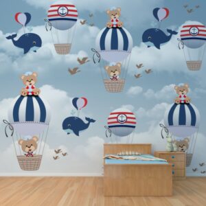 Ilustração aquarela de ursinhos marinheiros com detalhes náuticos para decoração infantil.