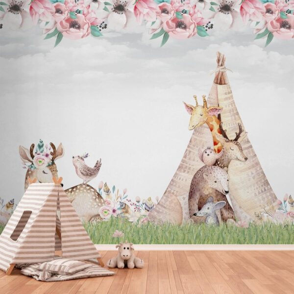 Papel de parede com tema tenda de flores em tons suaves e românticos.