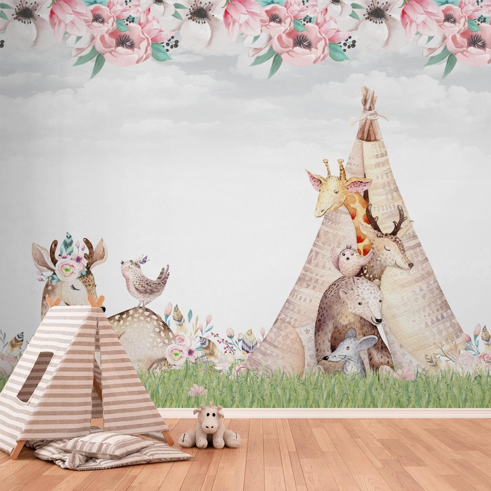 Papel de parede com tema tenda de flores em tons suaves e românticos.