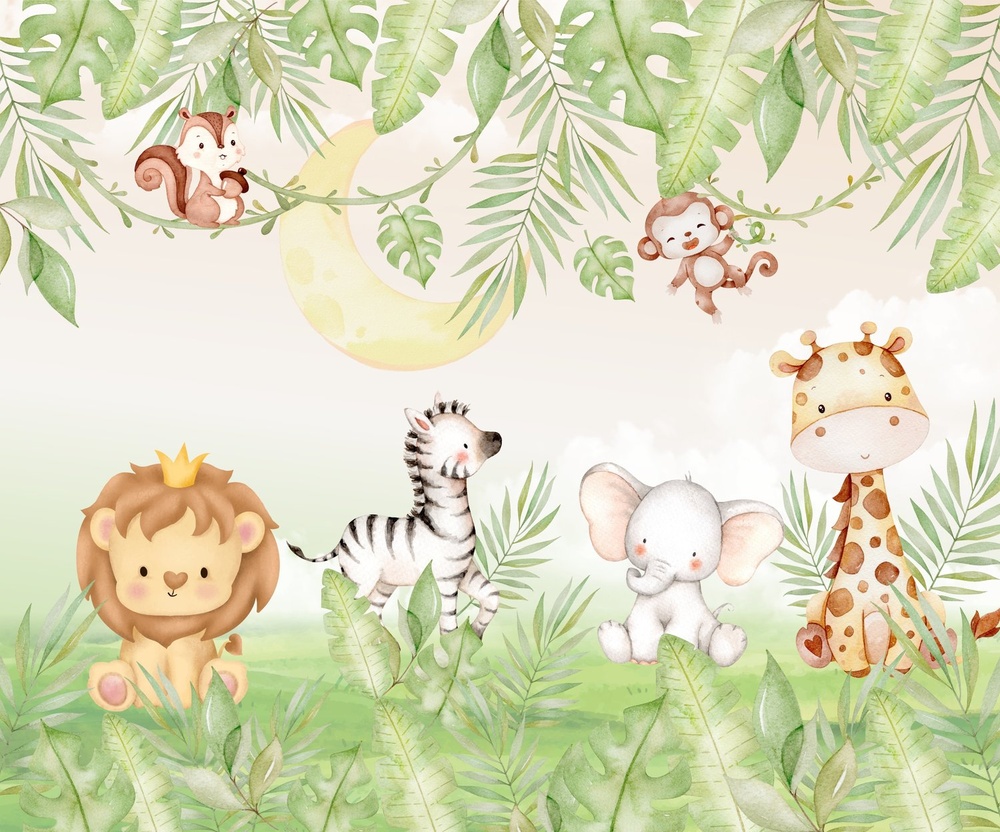 Decoração infantil com animais fofos como leão, elefante, girafa e outros, cercados por folhagens tropicais, criando um ambiente lúdico e encantador