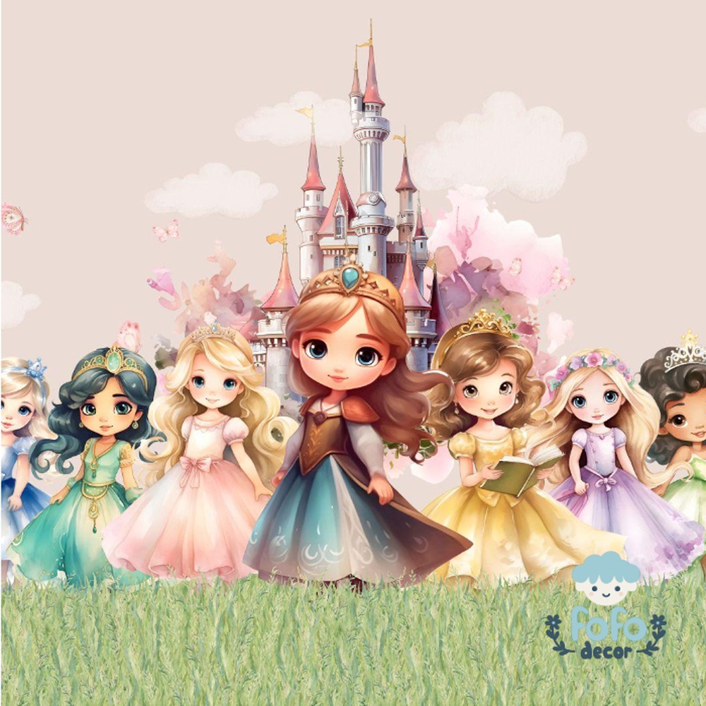Grupo de princesas infantis com vestidos coloridos em frente a um castelo mágico, ideal para decoração infantil.