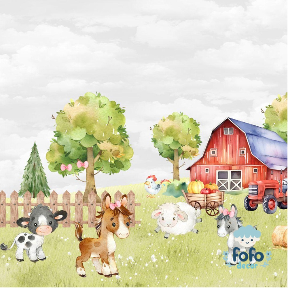 Decoração infantil inspirada na fazenda com animais fofos em tons suaves.
