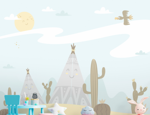 Papel de parede deserto lúdico para crianças com ilustrações fofas de cactos e dunas.