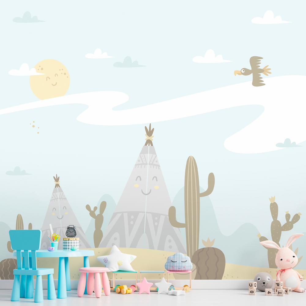 Papel de parede deserto lúdico para crianças com ilustrações fofas de cactos e dunas.