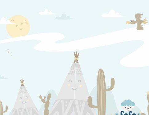 Papel de parede deserto lúdico para crianças com montanhas, cactos e elementos naturais.