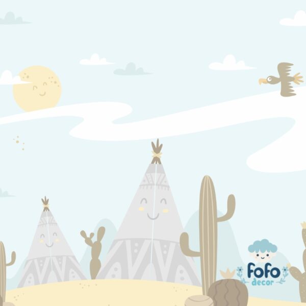 Papel de parede deserto lúdico para crianças com montanhas, cactos e elementos naturais.