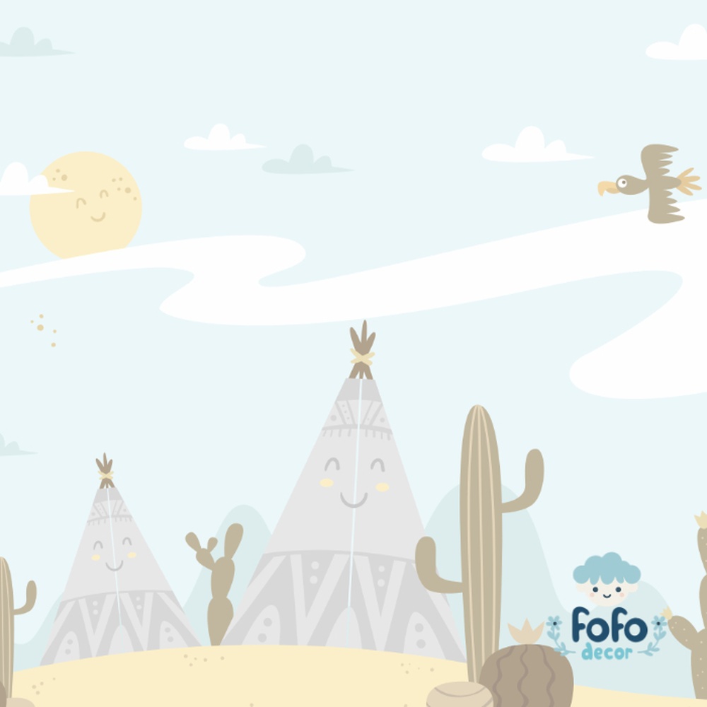 Papel de parede deserto lúdico para crianças com montanhas, cactos e elementos naturais.
