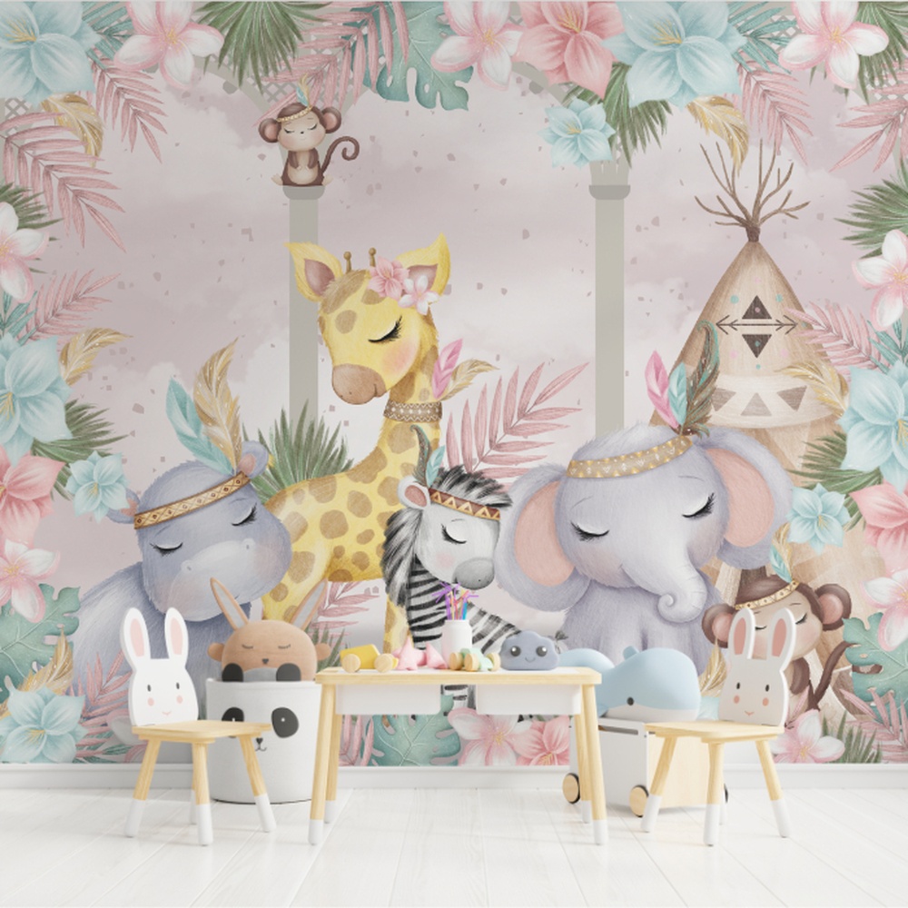 Cena encantadora com animais exóticos em estilo aquarela, cercados por flores tropicais e uma tenda tribal.