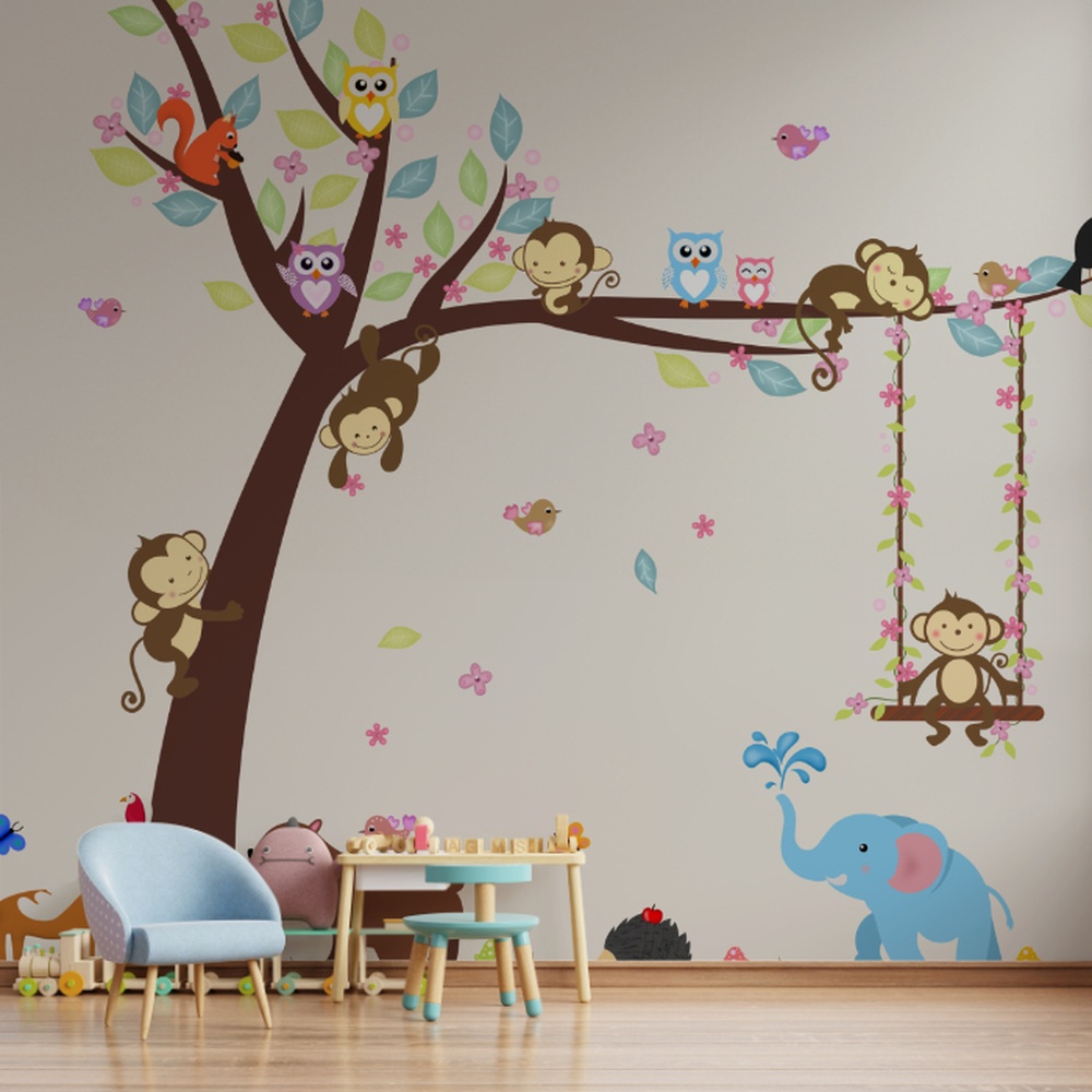Floresta encantada com animais fofos – Desenho digital cheio de cores e detalhes, mostrando uma árvore florida com macacos brincalhões, corujas observadoras, pássaros cantando e um elefante azul esguichando água.Floresta encantada com animais fofos – Desenho digital cheio de cores e detalhes, mostrando uma árvore florida com macacos brincalhões, corujas observadoras, pássaros cantando e um elefante azul esguichando água.