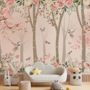 Ilustração encantadora de floresta com flores, pássaros e beija-flores voando entre os galhos.