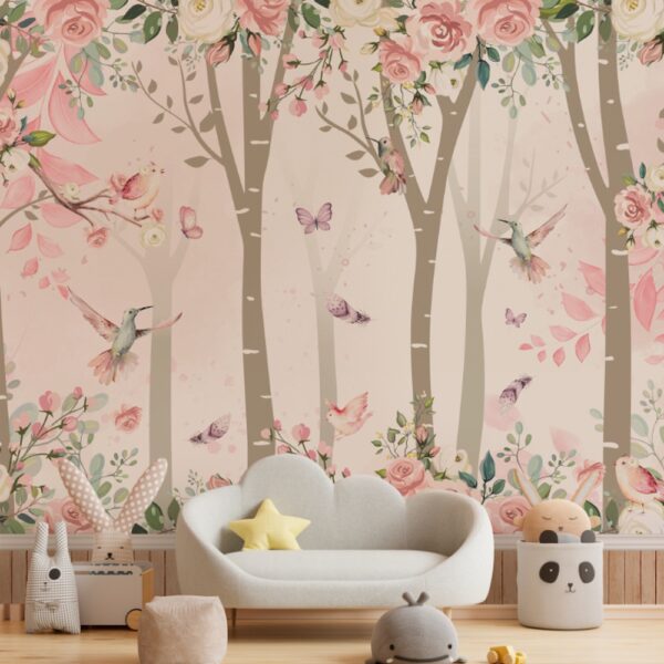 Ilustração encantadora de floresta com flores, pássaros e beija-flores voando entre os galhos.