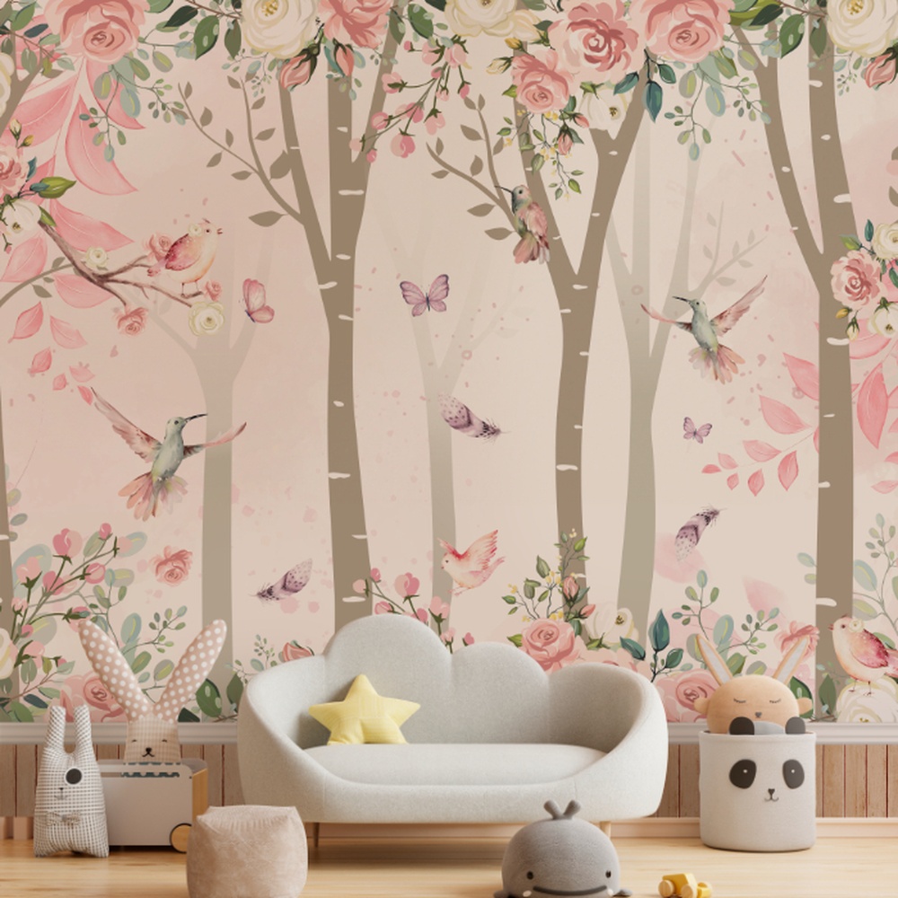 Ilustração encantadora de floresta com flores, pássaros e beija-flores voando entre os galhos.