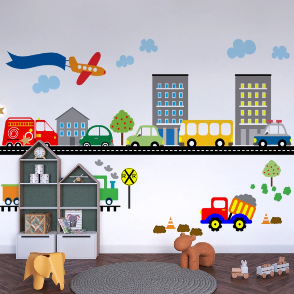 Detalhe do avião com faixa publicitária voando no céu no papel de parede infantil
