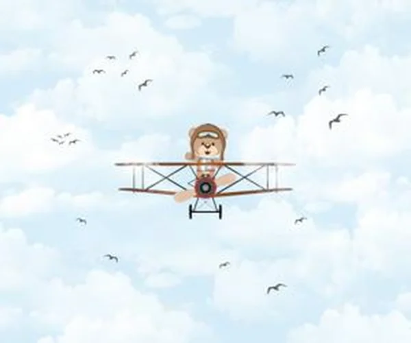 Papel de parede azul temático de aviação com urso fofinho pilotando um avião
