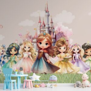 Ilustração de princesas fofas em estilo chibi com um castelo encantado ao fundo, em tons suaves e delicados.