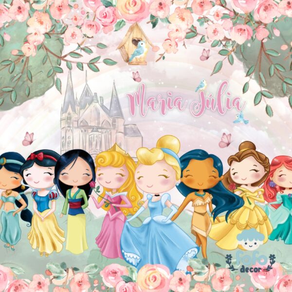Arte digital de princesas fofas com árvores floridas e um castelo.