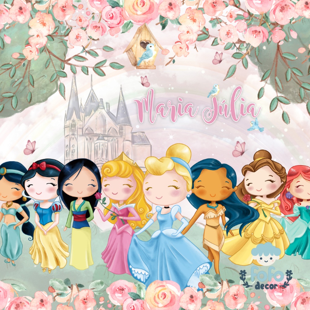 Arte digital de princesas fofas com árvores floridas e um castelo.