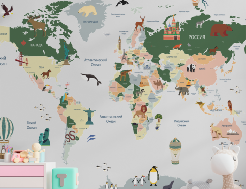 Mapa Múndi Infantil com Animais e Monumentos - Ilustração colorida com animais representativos de cada continente e pontos turísticos famosos.